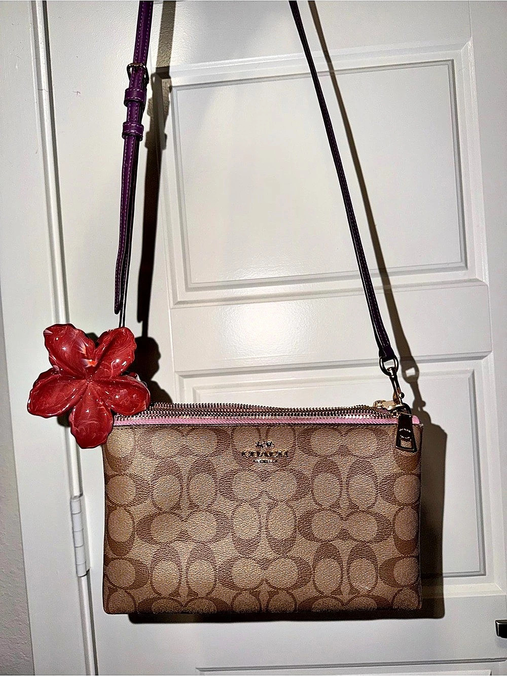 Coach Double Zip Wristlet In Signature Canvas Brown & Pink Crossbody